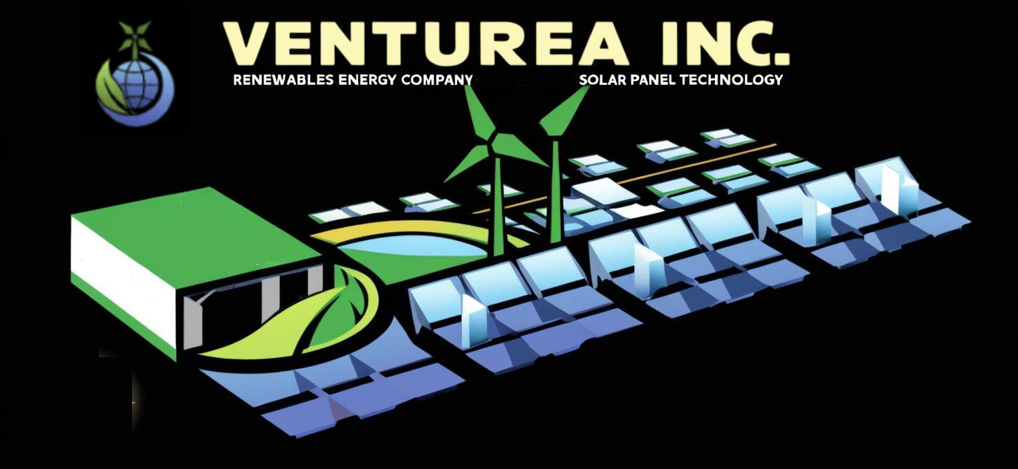 Venturea Inc. renewable energy company banner showing solar, wind, and energy infrastructure